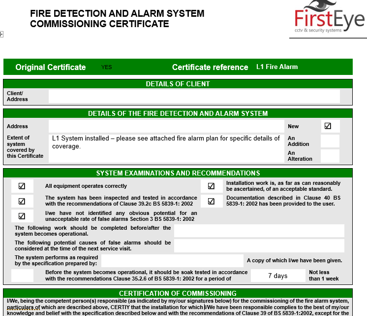 Fire Detection and Alarm Systems Commissioning Certificate