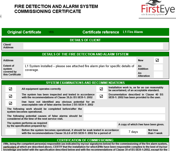 certificate Fire Detection and Alarm Systems Commissioning Certificate